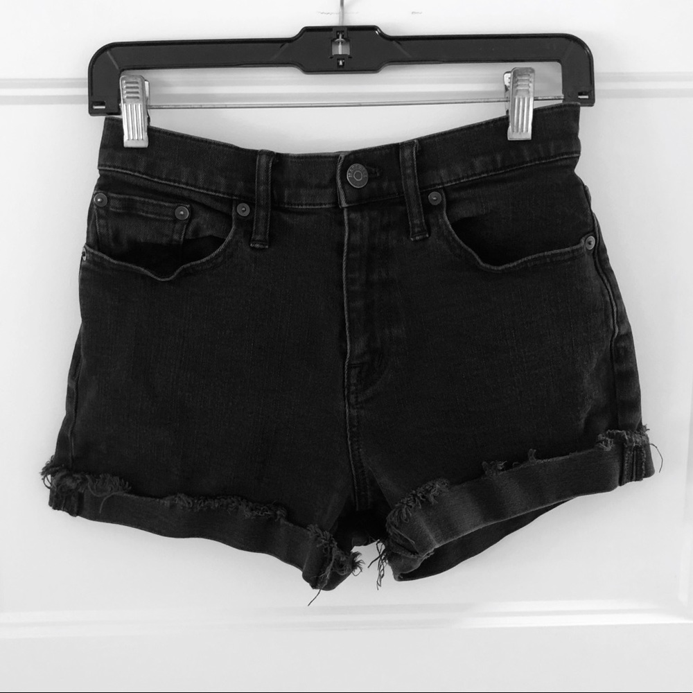 Madewell High Rise Black denim shorts.